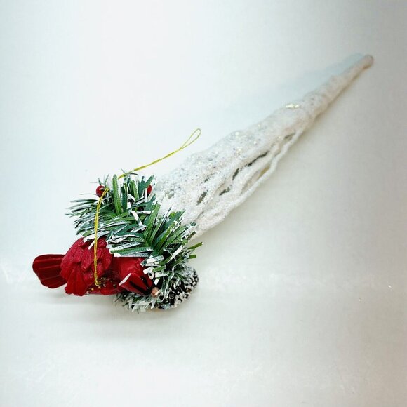 Vintage Christmas Ornament Cardinal In Pine Nest On White Glittered Icicle 6" - Picture 12 of 15